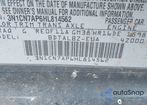 2017 Nissan Versa 1.6 S/1.6 S+/1.6 Sl/1.6 Sv/S z USA, uszkodzony, nr VIN 3N1CN7AP6HL814562